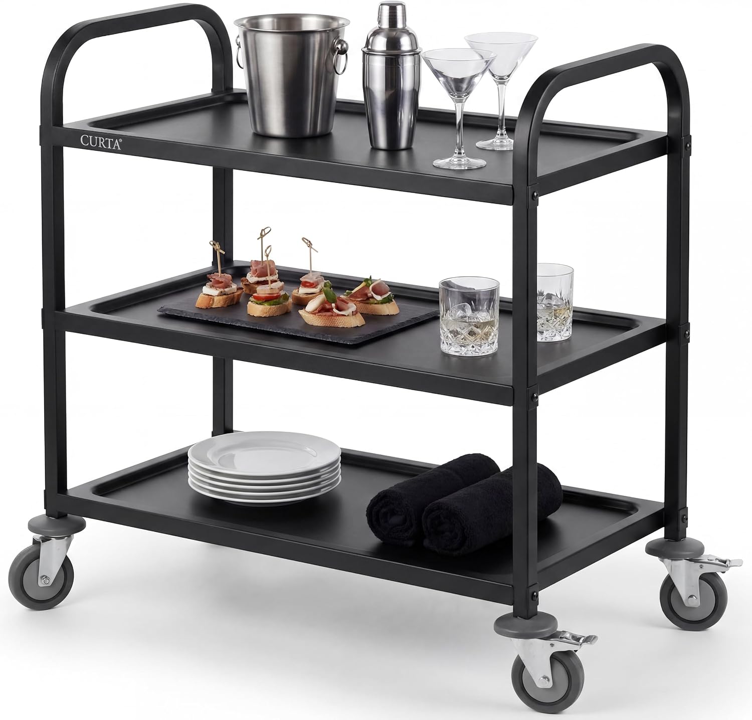 Commercial Kitchen On Wheels - Zwarte roestvrijstalen serveerwagen met 3 lagen,