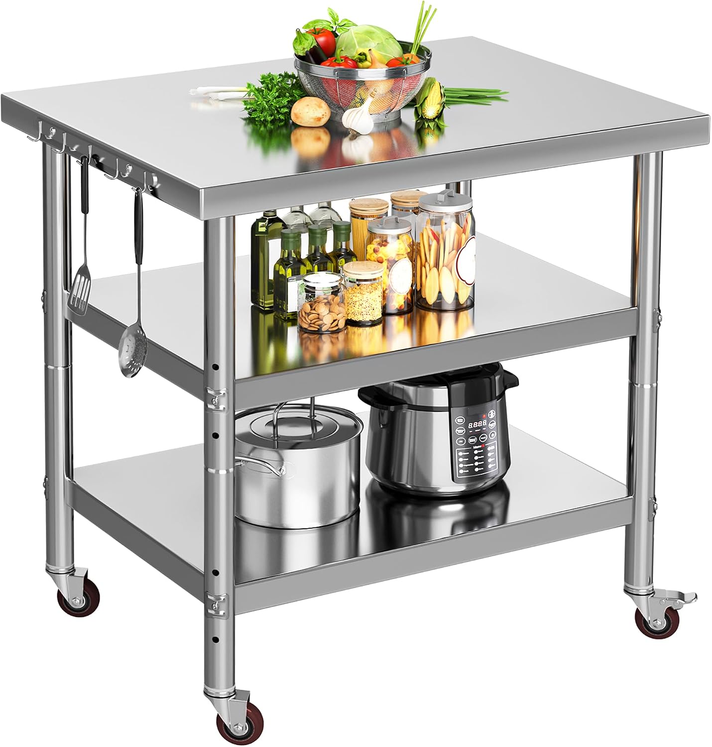 Commercial Kitchen On Wheels - Roestvrijstalen voorbereidingswerktafel, 3-laags zwaarbelastbaar metalen werkstation